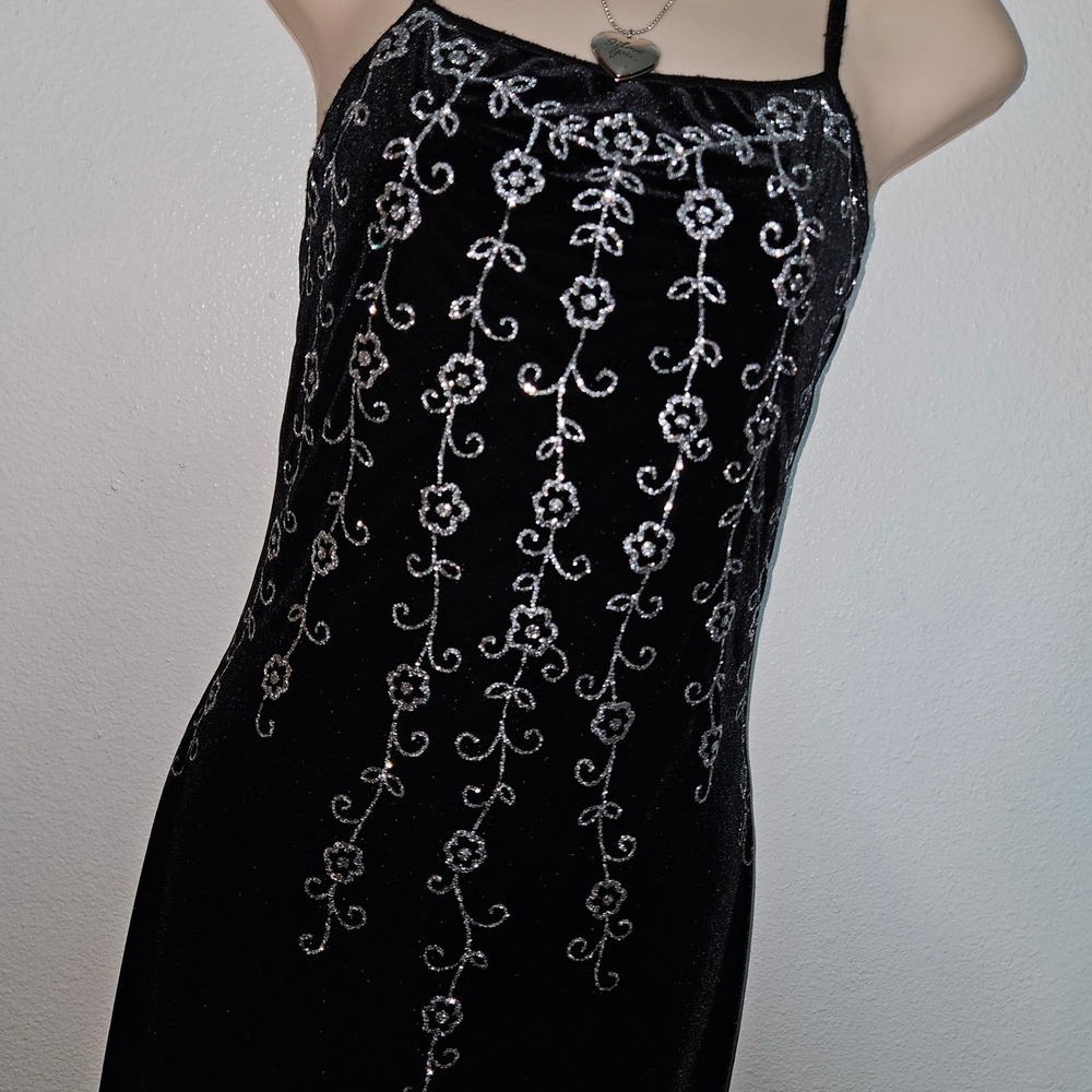 Vintage Status Collection Black Velvet Maxi Dress Silver Floral Formal - Picture 3 of 9